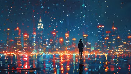 Wall Mural - Silhouette against a vibrant city skyline illuminated by shimmering lights at dusk