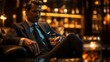 © InnovPixel - A well-dressed man in a suit enjoys a drink while seated in a dimly lit, upscale bar or lounge