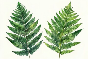 Wall Mural - Two vibrant green fern leaves on a soft, pale background