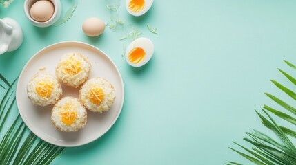 Wall Mural - A plate of rice balls with eggs, set against a mint green background.