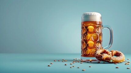 Refreshing Beer with Pretzel on a Blue Background