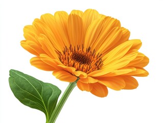 Wall Mural - vibrant orange flower with green leaves against a white background.
