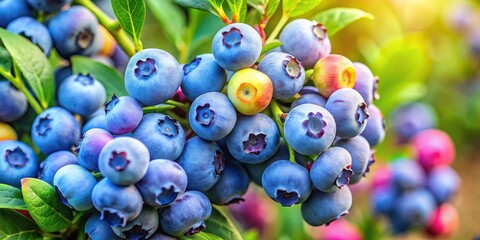 Close up of blueberries ripening on bush with vibrant colors and texture