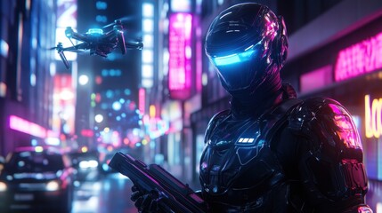 Wall Mural - A cybernetic police officer patrolling a neon-lit street, with glowing armor, a high-tech weapon at the ready, and flying drones scanning the city for illegal activity