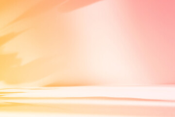 Fototapete - Abstract orange color gradient studio background for product presentation. Empty room with shadows of flowers and plant leaves. 3d pink room with copy space. Summer concept. Blurred backdrop