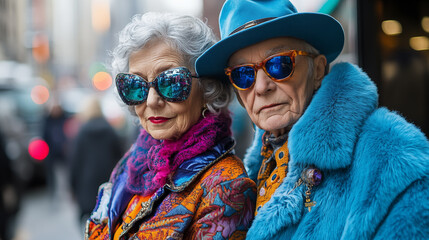 Portrait of two elderly women in sunglasses on a city street.