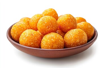 Indian dessert dish Laddu isolated against a white backdrop. Generative Ai