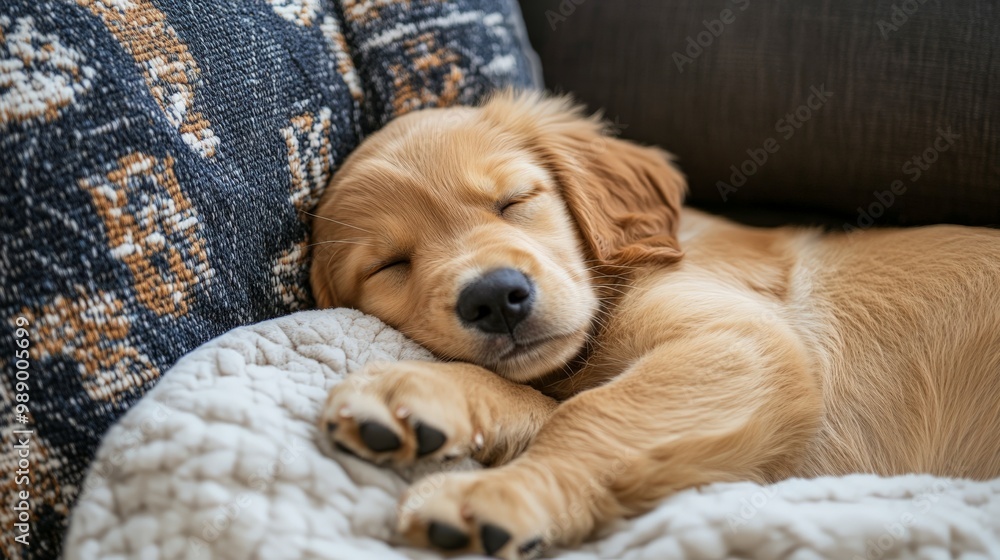 Adorable golden retriever puppy sleeping peacefully on a cozy blanket ...