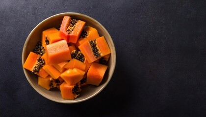 Wall Mural - papaya in a bowl on a black background, top view, copy space