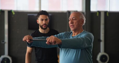 Poster - Senior man, personal trainer and aerobics class with warm up, endurance and physical training. Stretching, fitness and exercise with arm for workout, wellness and muscle in club, studio and gym