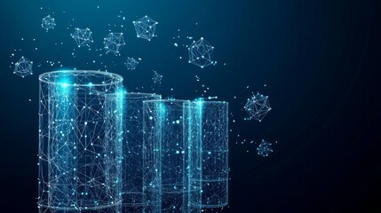 Wall Mural - Polygonal battery. Vector mesh spheres from flying debris. Thin line concept. Blue structure style illustration.