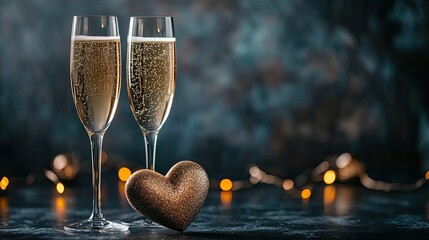 A pair of champagne flutes next to a heart-shaped decoration, symbolizing romantic celebration. No people, copy space