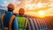 © sunchai - Two engineers observing a dam at sunset with safety helmets and vests.