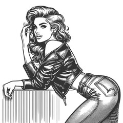 Wall Mural - pin-up woman in leather jacket and jeans, leaning in alluring pose, sketch engraving generative ai fictional character raster illustration. Scratch board imitation. Black and white image.