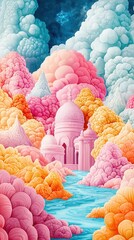 Wall Mural - Surreal Dreamscape with Pink Palace and Colorful Clouds.