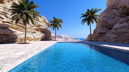 Serene Pool Oasis Amidst Rocky Cliffs and Palm Trees