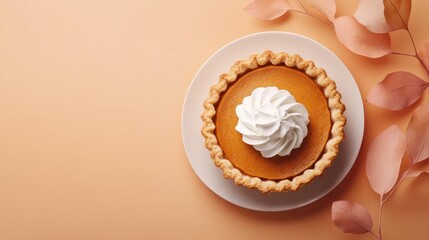 Wall Mural - A pumpkin pie topped with whipped cream on a plate, surrounded by decorative leaves.