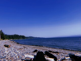 Wall Mural - Serene beach with rocky shore and clear blue sky.