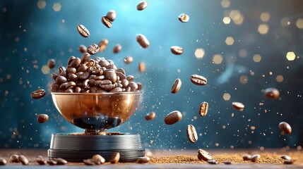 Wall Mural - Coffee beans falling into a grinder, motion freeze, dust particles in the air, dramatic lighting