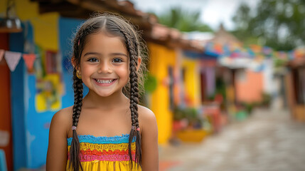 A young girl wearing a vibrant dress stands happily in a lively village, surrounded by colorful buildings and festive decorations