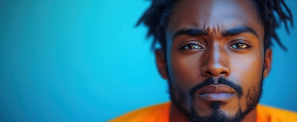 expressive portrait of puzzled african american man against vivid blue backdrop subject wears bright orange top furrowed brow and quizzical expression ample negative space for text