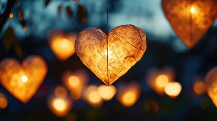 Floating paper lanterns in the shape of hearts, representing romantic celebrations. No people, room for message