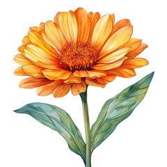 Wall Mural - bright orange flower with green leaves, white isolate background. transparent background