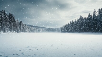 Winter landscape with frozen lake, snowflakes swirling in the air for Christmas background