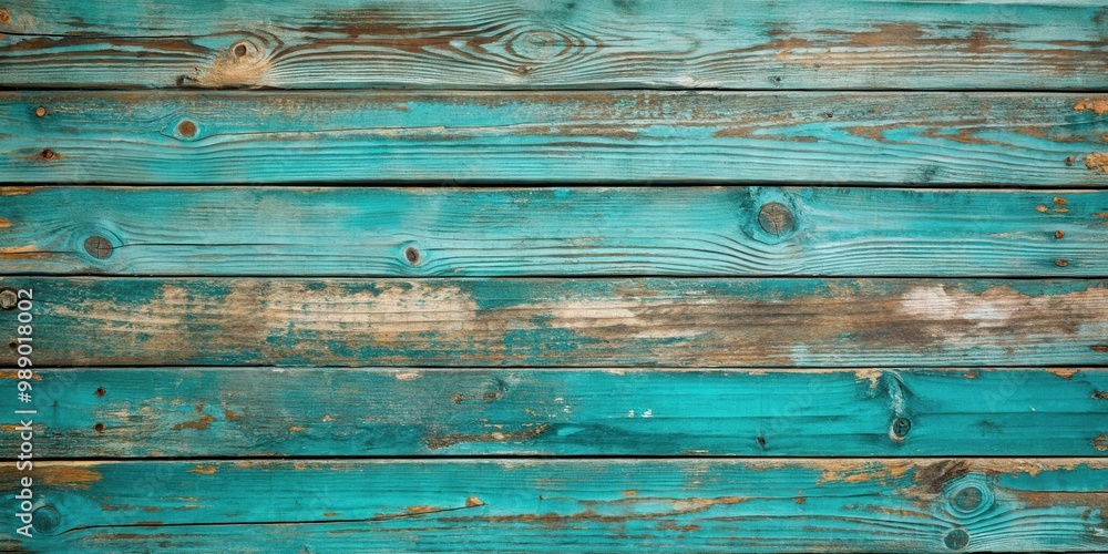 A rustic turquoise wooden background with peeling paint from long ...