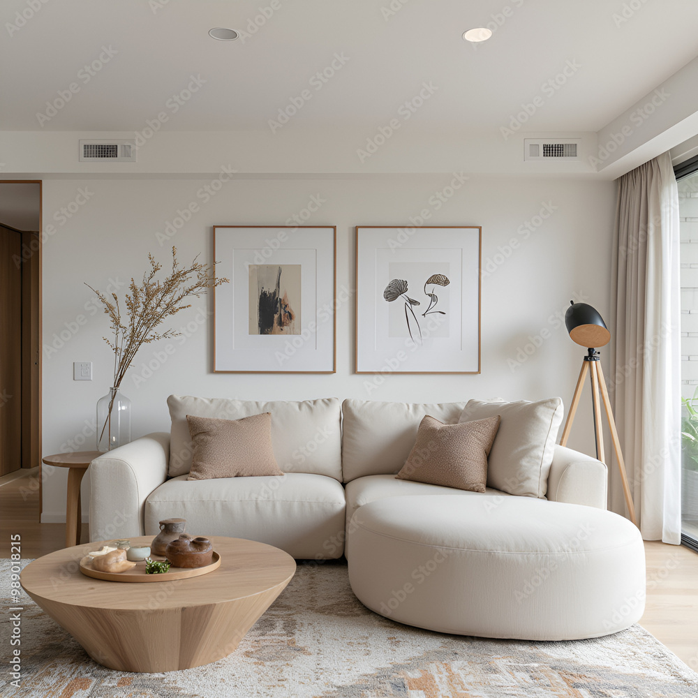 Japandi, minimalist interior design of modern living room with curved ...