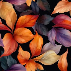 Wall Mural - Vibrant and dynamic floral arrangement with overlapping petals in shades of orange red and purple against a dark moody background  The image has a lush elegant and romantic feel