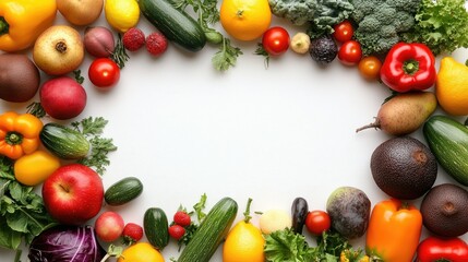 Wall Mural - Organic fruits and vegetables placed around the edges of a blank white area for text. Perfect for fresh produce