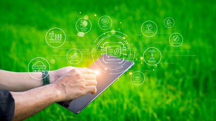 farmers use agricultural technology in data analysis tablets and image icons. new technologies in ag