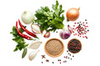 © TANATPON - Top view of spices and herbs including of fresh Garlic cloves, onion, peppers, coriander and other isolated on background, mix various spices ingredient.