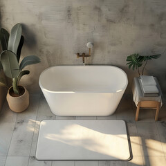 Wall Mural - A modern bathroom scene featuring sleek white bathtub, stylish plants, and soft floor mat. warm tones and minimalist design create serene atmosphere perfect for relaxation