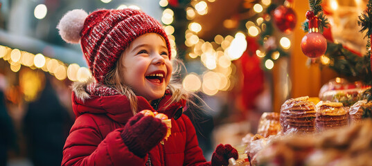 child enjoying christmas market treats amid twinkling lights - festive winter scene for holiday post