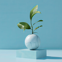 Wall Mural - A modern plant arrangement featuring marble sphere and vibrant green leaves against light blue background, creating serene and stylish atmosphere