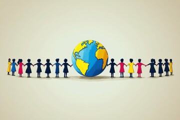 A cartoon-style representation of a diverse group of people holding hands around a globe symbolizing global unity in a sanctuary city.