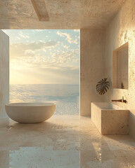 Wall Mural - A serene bathroom scene featuring modern tub overlooking ocean, bathed in soft sunlight. tranquil atmosphere invites relaxation and peace, perfect for unwinding