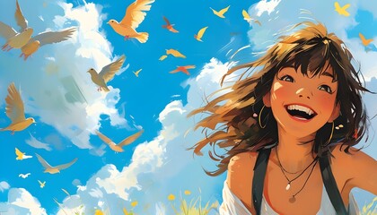 Joyful girl enjoying nature under a bright blue sky with clouds, celebrating summer with laughter, illustrated with vibrant colors and playful anime elements