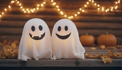 Two cheerful ghost decorations with smiling faces, surrounded by glowing lights, pumpkins, and autumn leaves, creating a festive Halloween atmosphere.