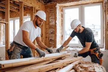 an image showing two workers in action, carefully crafting wood inside a rustic building site, empha