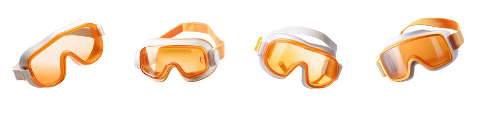 Four stylish ski goggles in orange, isolated on a transparent background.