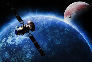 Wall Mural - satellite in space, and blue planet with ice, 3d illustration