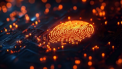 A glowing fingerprint on a circuit board, representing security and technology.