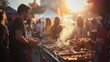 © Terablete - A vibrant food stall at an evening market offers a variety of dishes amidst lively crowds enjoying the outdoor dining atmosphere