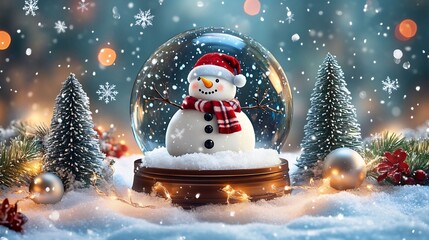Christmas greeting card a snow globe featuring a snowman pine trees and falling snowflakes surrounded by festive decorations magical winter atmosphere and holiday celebration theme