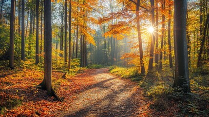 Wall Mural - Autumn foliage covers the forest floor in a serene woodland during a golden morning in late fall