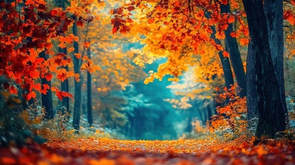 Wall Mural - Autumn foliage covers the forest floor in a serene woodland during a golden morning in late fall