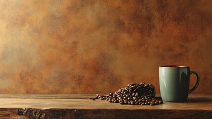 A rustic wooden table filled with freshly brewed coffee, beans, and a vintage mug, all set against a warm brown background to evoke a cozy cafe ambiance.